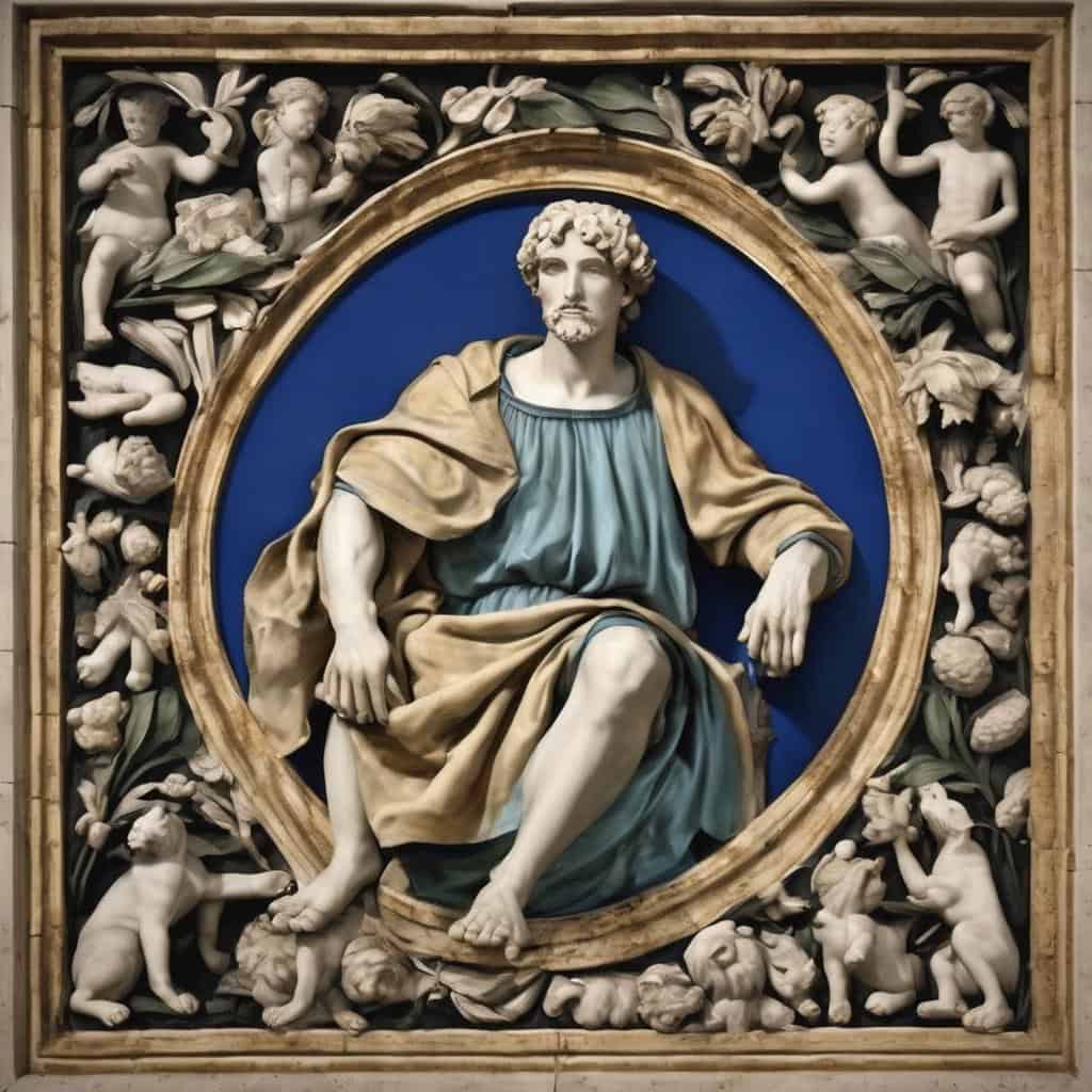 ανδρική γλυπτική, αφηρημένη τέχνη, σκαλιστό επίστεψη σε πέτρα, κάτοψη με θεϊκή μορφή, αρχαία ελληνική τέχνη και διακόσμηση.